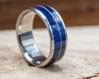 The Blues Ring - Blue Box Elder Wood and Guitar String Ring - Men's Titanium and Wood Inlay Ring