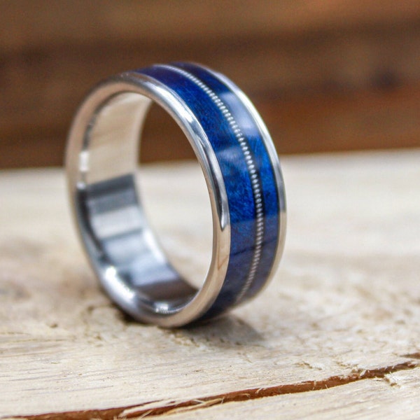 The Blues Ring - Blue Box Elder Wood and Guitar String Ring - Men's Titanium and Wood Inlay Ring