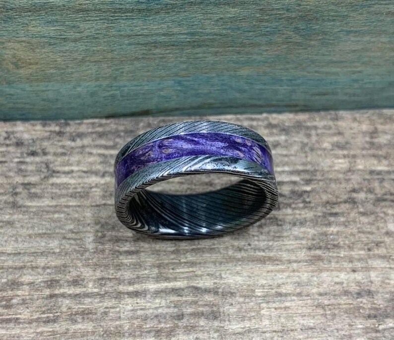 Purple Wedding Band, Stainless Steel Damascus Ring with Box Elder Inlay image 9