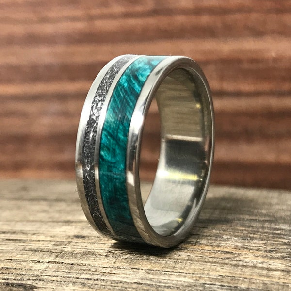 Men's Meteorite Ring - Titanium Wedding Band with Meteorite and Wood - Unique Ring for Men