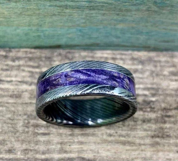 Stainless Steel Damascus Ring With Purple Box elder - Purple Wedding Band