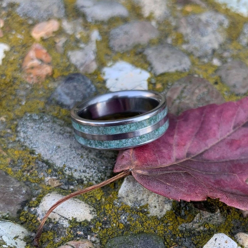 Titanium Wedding Ring with Moss Agate Moss Agate Ring for Men Free Ring Engraving image 3