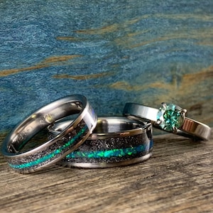 Titanium Meteorite & Opal Wedding Bands with Moissanite Engagement Ring - Unique His and Hers 3-Ring Set