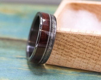 Black Titanium Ring with Rosewood Inlay and Meteorite - Men's Wedding Band