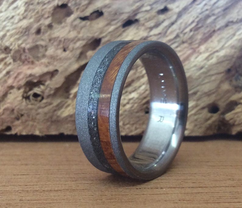 Meteorite Ring - Sandblasted Titanium Wedding Band with Wood Inlays image 2