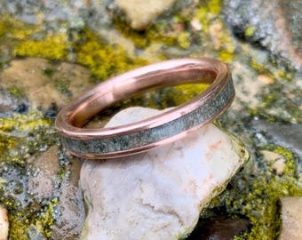 Moss Agate Ring - 10k Rose Gold Wedding Band with Engraving, Nature Inspired