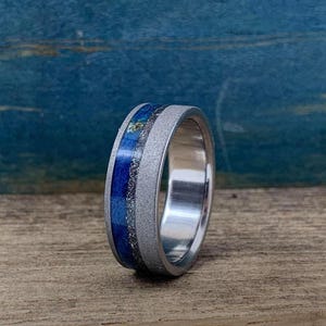 Mens Wedding Band, Titanium Ring with Meteorite and Blue Wood Inlays