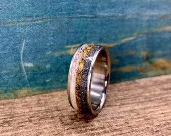 Meteorite Ring with Deer Antler and Dinosaur Bone Inlay - Custom Titanium Wedding Band