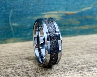 Men's Tungsten Carbide Ring 8MM - Blue Meteorite Engraved Black Band, Promise Ring (Size 6-14) - View #7