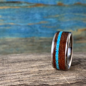 Wenge Wood Wedding Band for Men: Titanium Ring with Turquoise Inlay