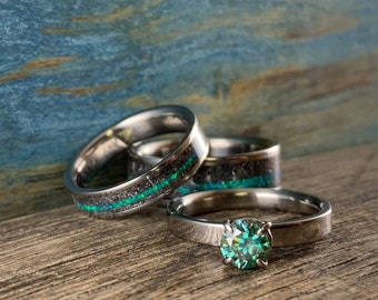 His and Hers Rings Engagement Rings Set With Opal, Meteorite and