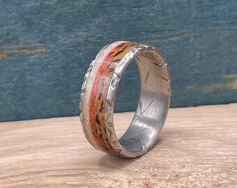 Deer Antler Ring with Red Opal and Oak Wood Inlay -Titanium Wedding Band