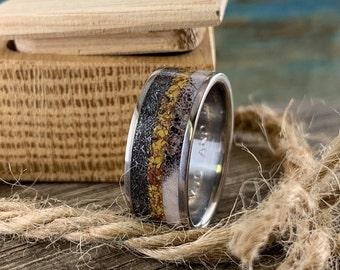 Titanium Ring Inlaid With Meteorite, Dinosaur Bone And Deer Antler - Men's Wedding Band