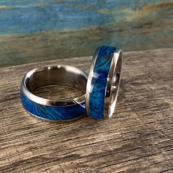 His and Hers Wedding Band Set - Titanium Rings with Blue Box Elder Burl Wood Inlay