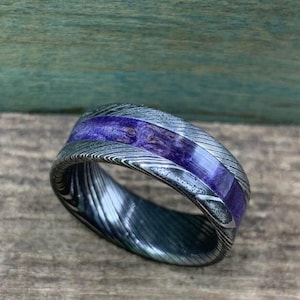 Purple Wedding Band, Stainless Steel Damascus Ring with Box Elder Inlay image 8