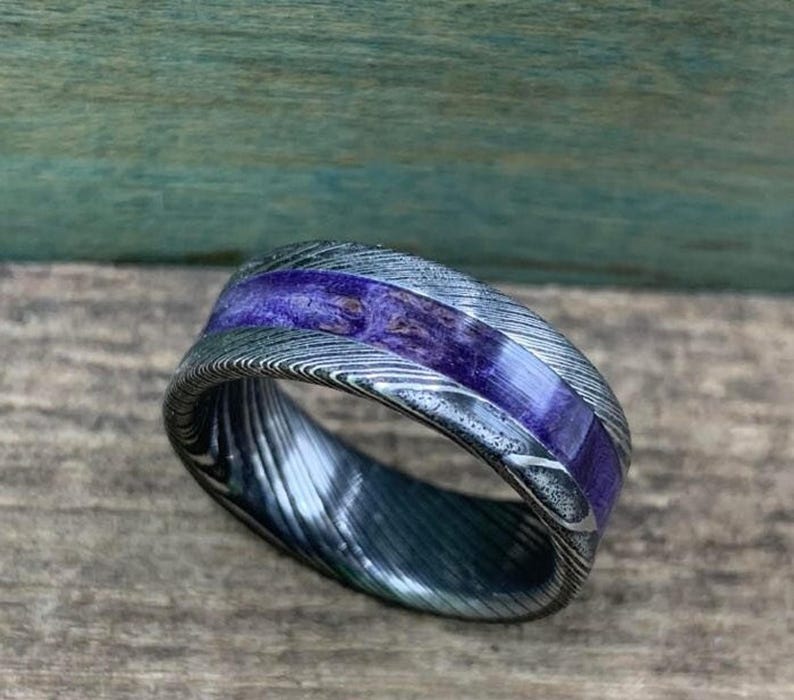 Purple Wedding Band, Stainless Steel Damascus Ring with Box Elder Inlay image 8