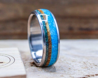 Titanium Ring with English Oak, Moss Agate and Turquoise - Custom Made Men's Wood and Stone Ring