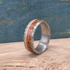 Deer Antler Ring with Red Opal and Oak Wood Inlay -Titanium Wedding Band