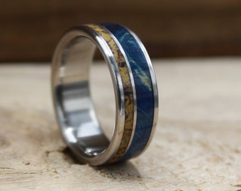Men's Wedding Band - Dinosaur Bone Wedding Ring for Him - Blue Wood Ring Men's