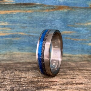 Mens Meteorite Ring - Titanium Wedding Band with Dyed Blue Wood Inlay - Engraved image 5