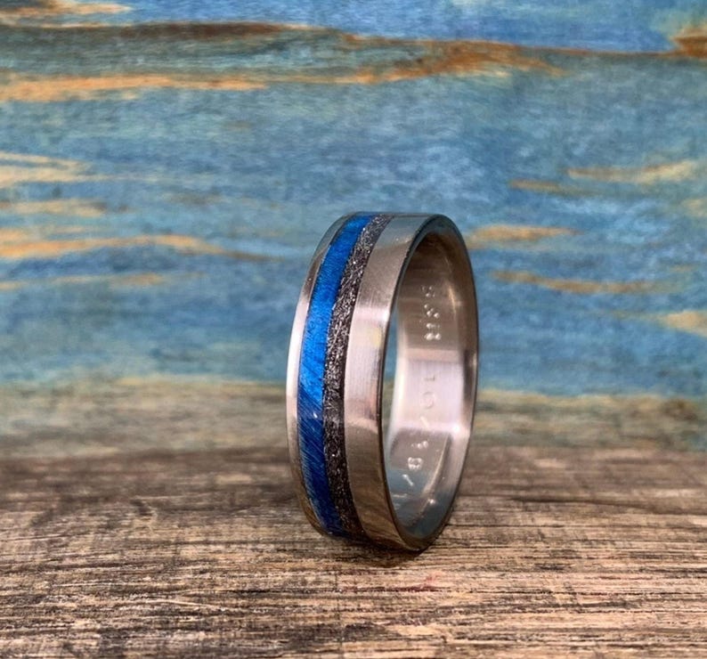 Mens Meteorite Ring - Titanium Wedding Band with Dyed Blue Wood Inlay - Engraved image 5