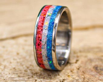 Handmade Titanium Men's Wedding Band with Red White Blue Opal Inlay – Glow in Dark Patriotic Ring – Custom Engraving – Made in USA