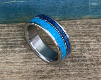 The Blues Guitarist - Turquoise and Guitar String with Blue Wood - Men's Titanium and Wood Inlay Ring