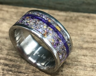 Men's Titanium Ring - Unique Ring for Men with Meteorite, Dinosaur Bone, and Purple Wood