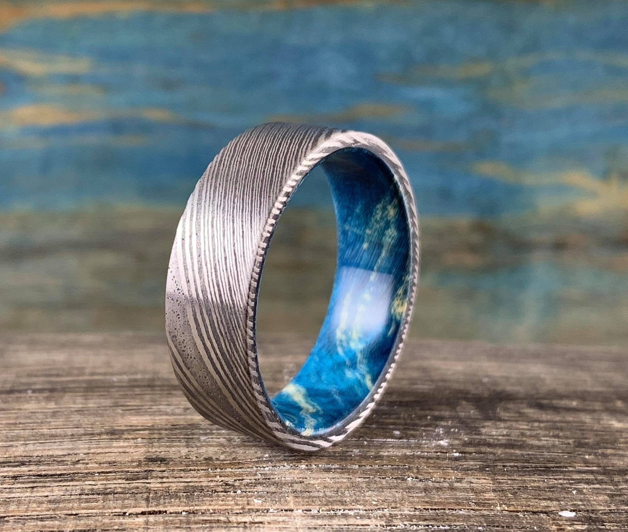 Hand Forged Damascus Blue Maple Band