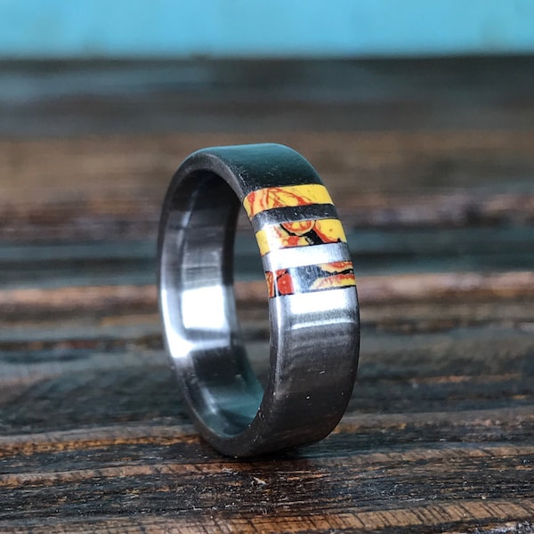 Dinosaur Bone Ring - Mens Titanium Wedding Band with Dinosaur Bone Inlay