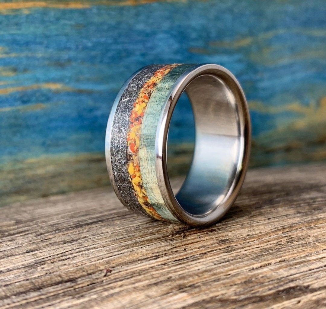 Meteorite and Dinosaur Bone Ring for Men 10mm Wide Ring | Etsy