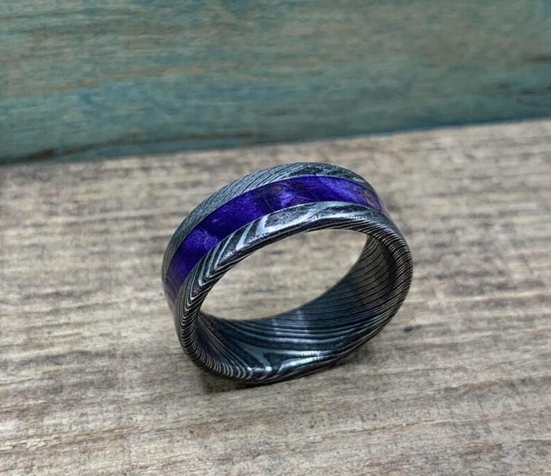 Purple Wedding Band, Stainless Steel Damascus Ring with Box Elder Inlay image 3