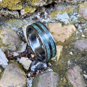 Titanium Wedding Ring with Moss Agate Moss Agate Ring for Men Free Ring Engraving image 5