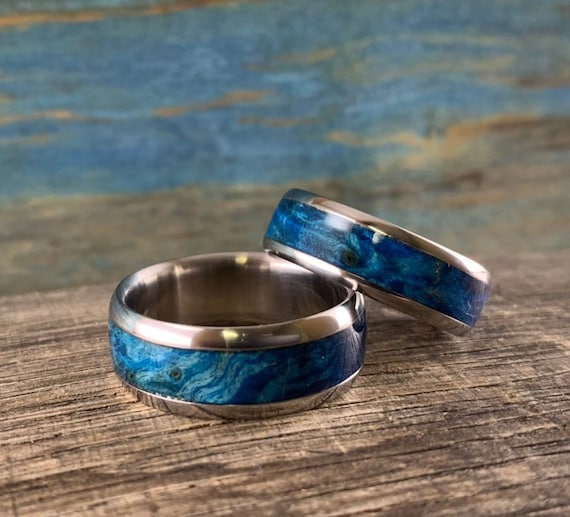 His and Hers Wedding Band Set Titanium Rings With Blue Box Elder