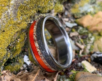 Meteorite and Dinosaur Bone Ring for Men - Meteorite Wedding Band - Custom Made Wood Inlay Ring