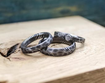 Damascus Steel Wedding Set - His and Hers Bands with Diamond Engagement Ring