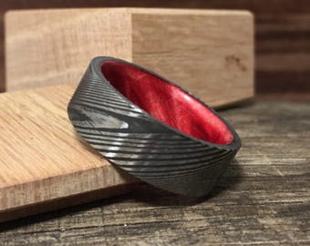 Damascus Steel Ring with Red Box Elder, Custom Men's Wedding Band