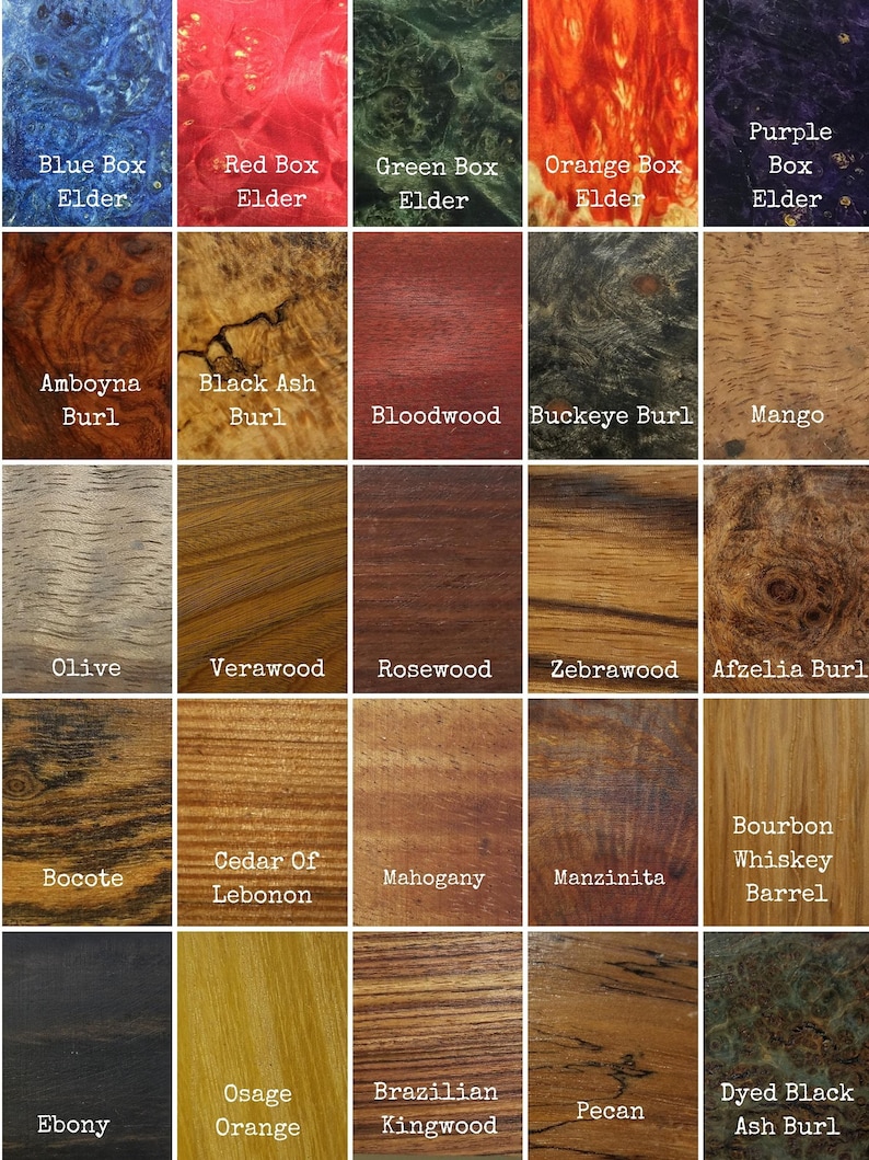 A grid of 24 square wood samples with various colors and grain patterns, each labeled with a wood type.