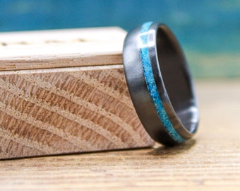 Men&#39;s Black Wedding Band - Zirconium and Turquoise Ring for Men - Black Ring for Him