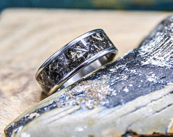 Megalodon Tooth Ring - Mens Titanium Wedding Band with Fossil Inlay