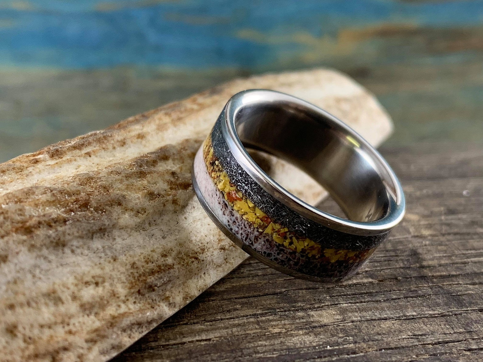 Titanium Ring Inlaid With Meteorite Dinosaur Bone and Deer - Etsy