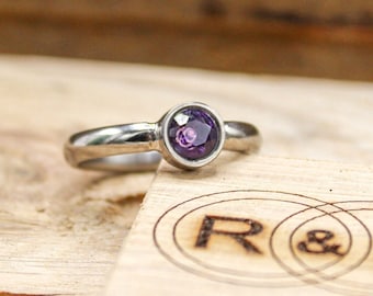 Titanium Engagement Ring for Her- Custom Made Amethyst Bezel Set Ring