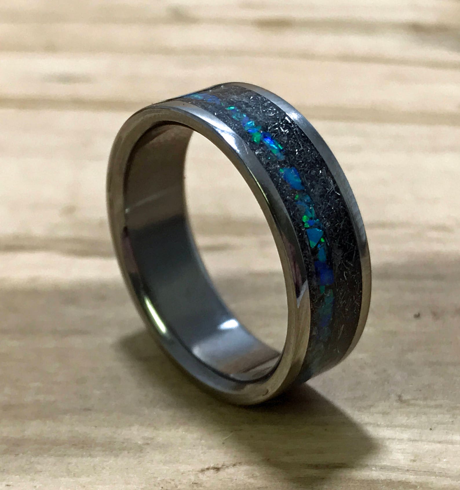 Titanium Wedding Band Mens Meteorite Ring Blue Opal Ring