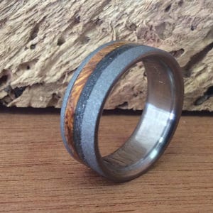 Meteorite Ring - Sandblasted Titanium Wedding Band with Wood Inlays image 5