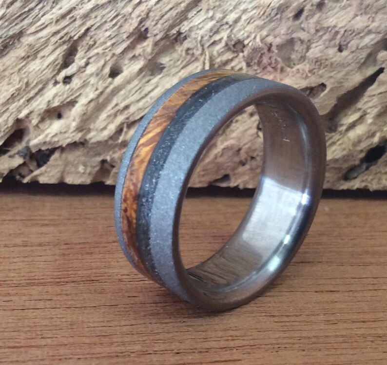 Meteorite Ring - Sandblasted Titanium Wedding Band with Wood Inlays image 5