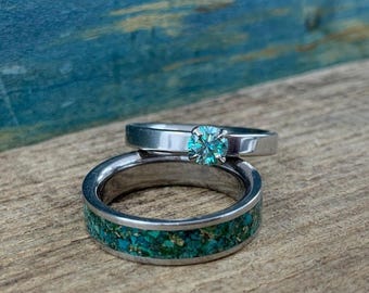 Moissanite Ring Set with Green Goldstone and Chrysocolla Inlay