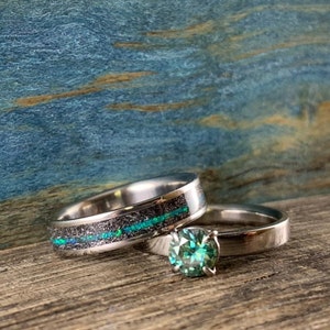 Blue Moissanite Ring Set Womens Wedding Band Set Opal - Etsy