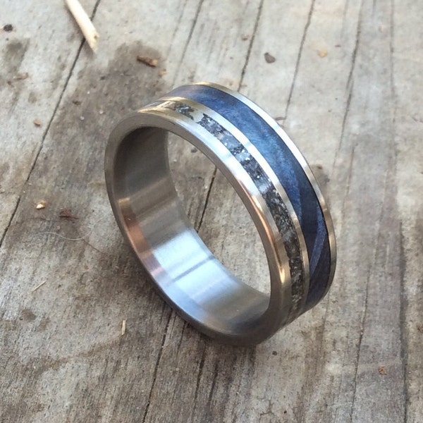 Men's Wedding Band - Meteorite Wedding Ring for Him - Blue Wood Ring Men's