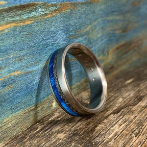 Mens Meteorite Ring - Titanium Wedding Band with Dyed Blue Wood Inlay - Engraved image 2