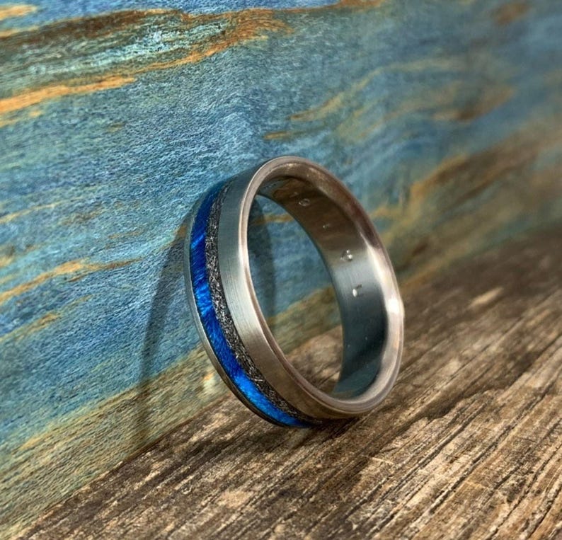 Mens Meteorite Ring - Titanium Wedding Band with Dyed Blue Wood Inlay - Engraved image 2